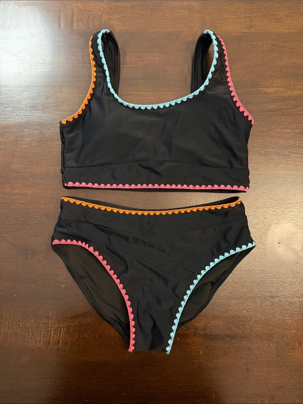 Girls Black Two-Piece Bikini with Pink, Orange & Light Blue Trim